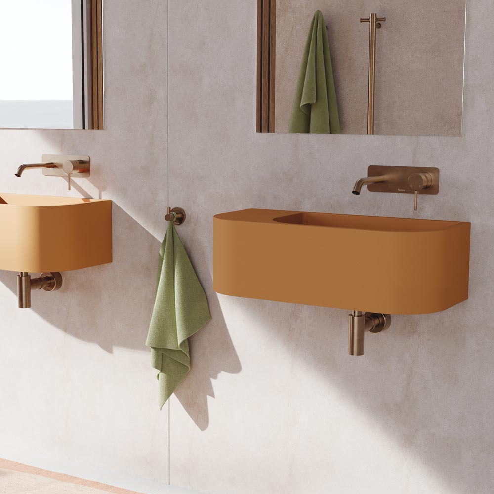 Kaya Basin/Bath Wall Mixer Set, Round Plates, 160mm Outlet, Brushed Copper