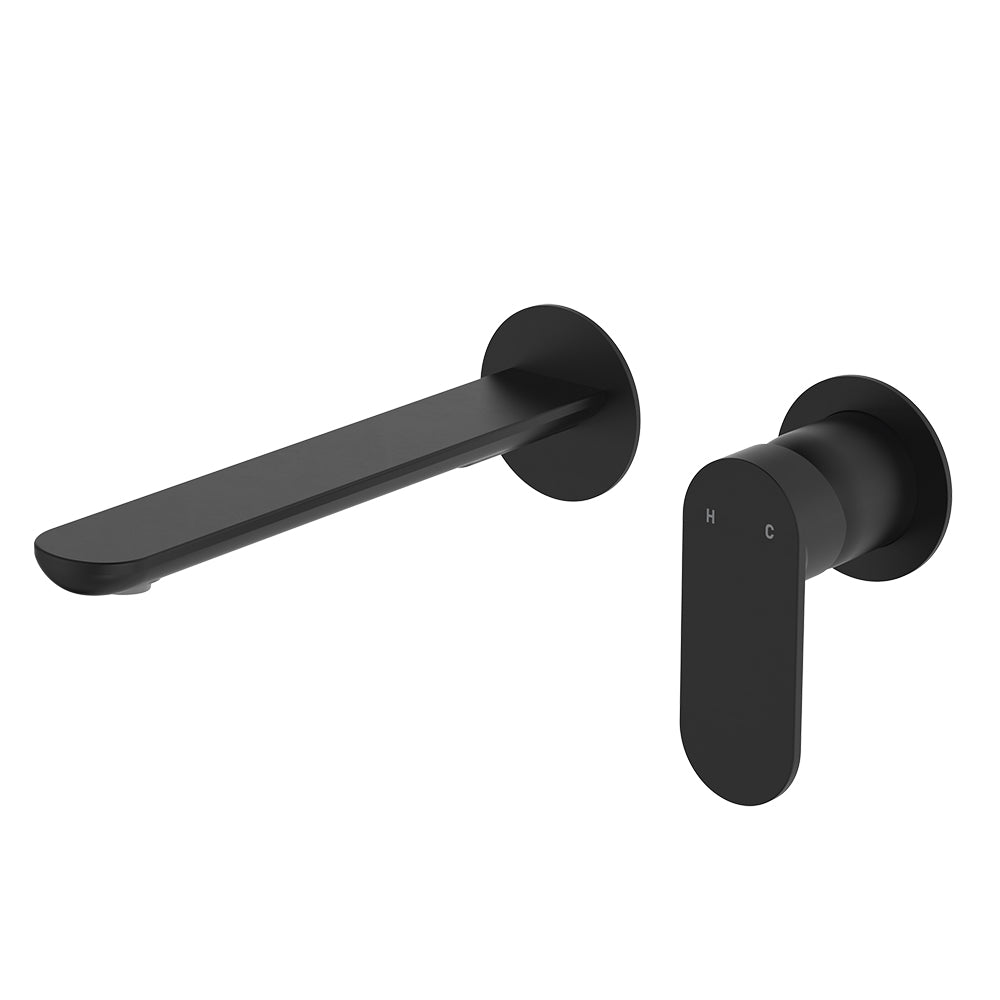 Empire Slim Basin/Bath Wall Mixer Set, Round Plates, 200mm Outlet, Matte Black