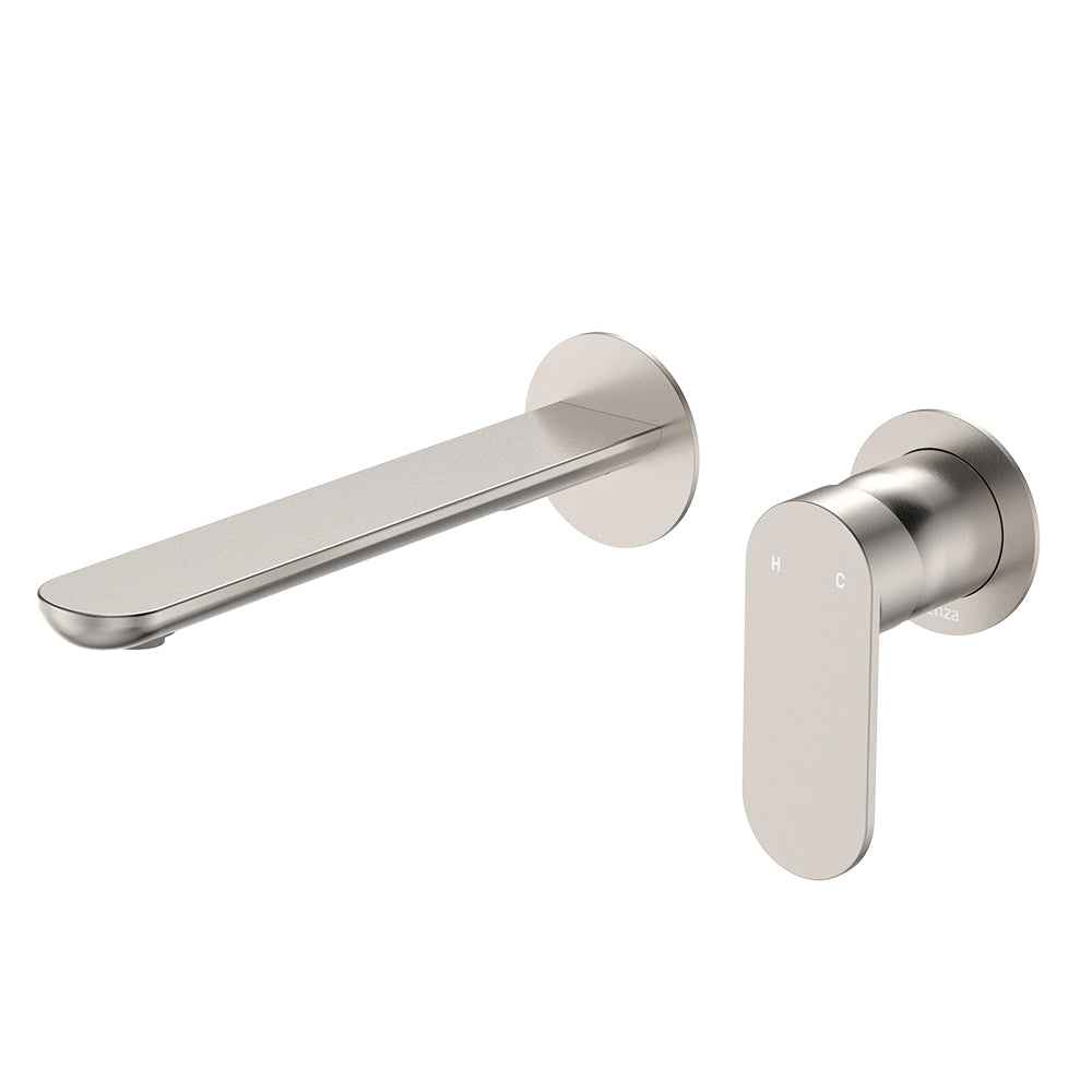 Empire Slim Basin/Bath Wall Mixer Set, Round Plates, 200mm Outlet, Brushed Nickel