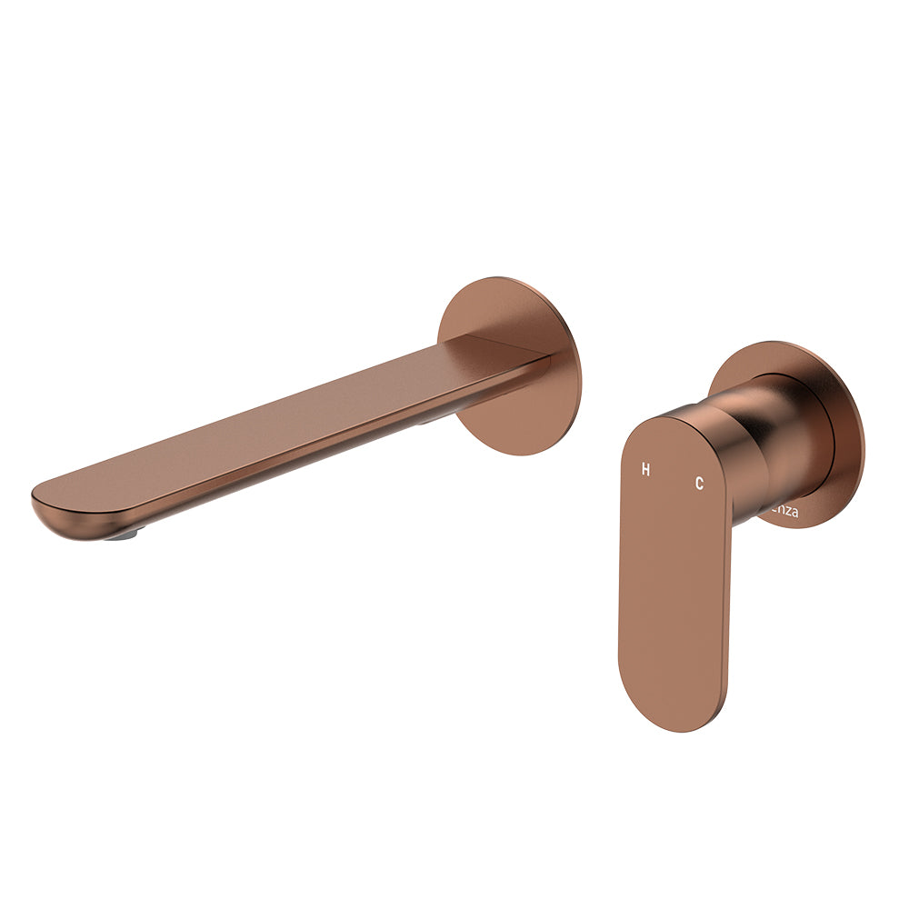 Empire Slim Basin/Bath Wall Mixer Set, Round Plates, 200mm Outlet, Brushed Copper