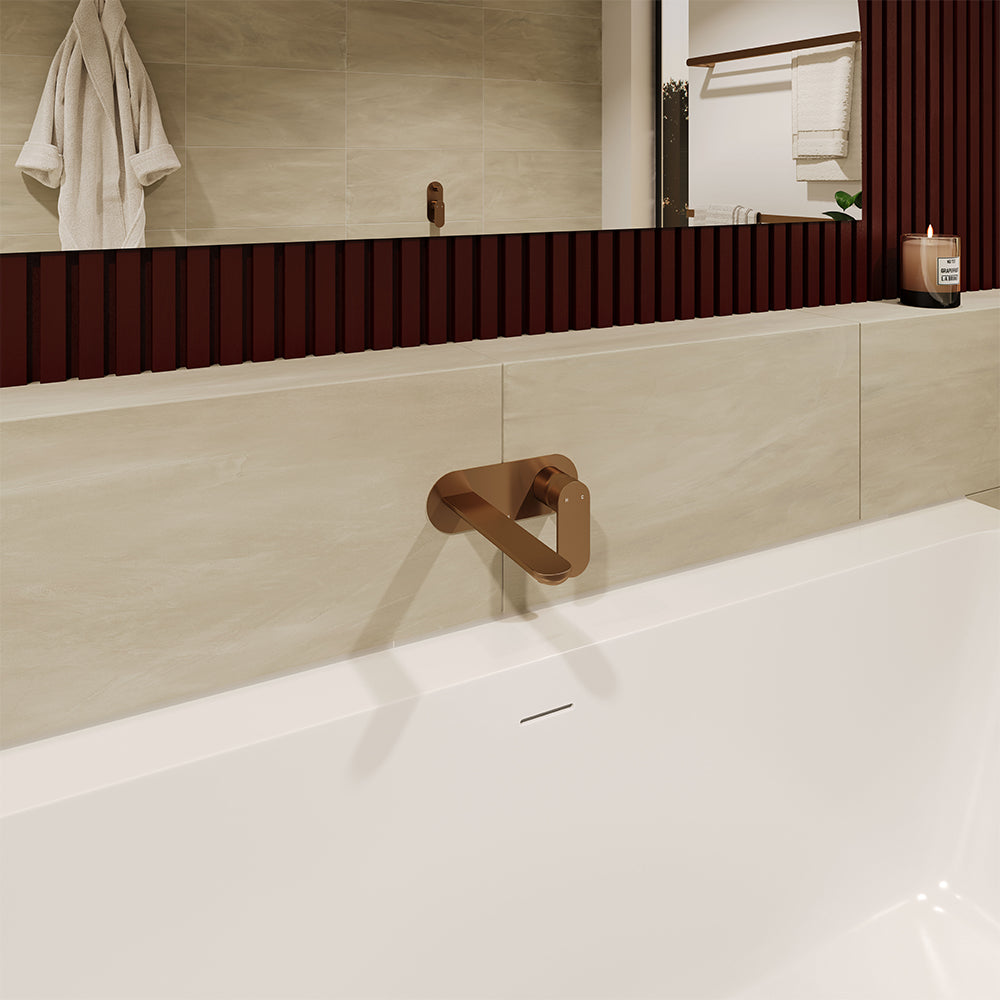 Empire Slim Basin/Bath Wall Mixer Set, Round Plates, 160mm Outlet, Brushed Copper