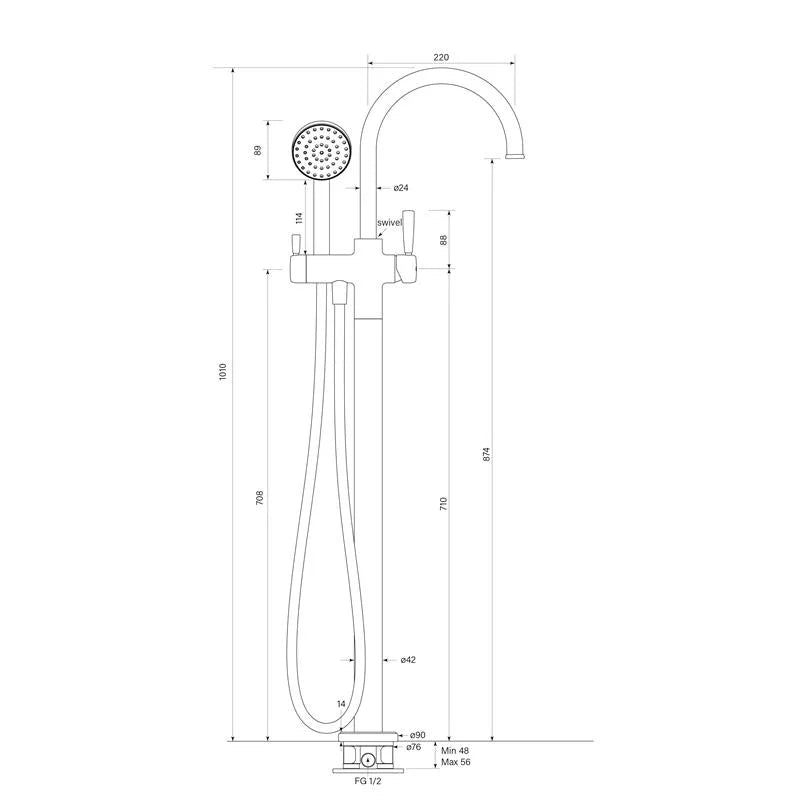 Faucet Strommen - Bremont Floor Bath Mixer Curve w. 90Rnd Handshower