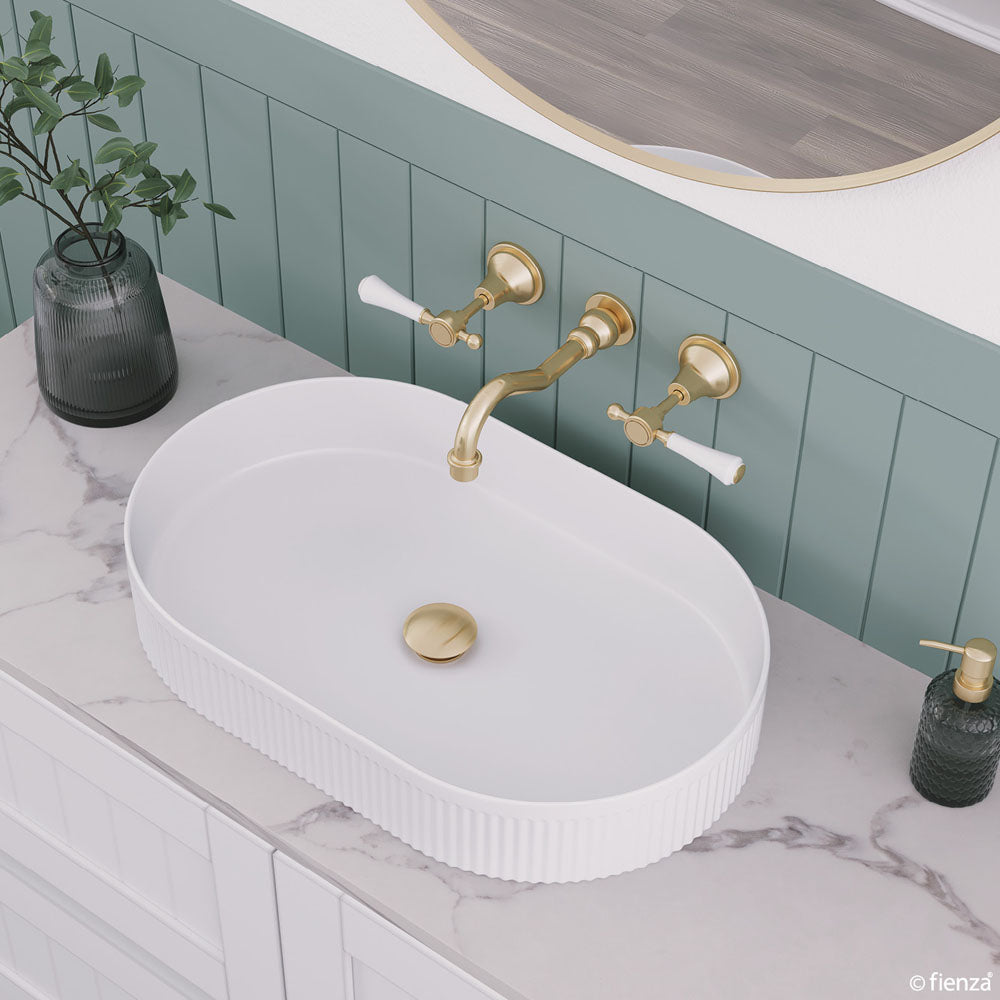 Lillian Lever Basin Set, Urban Brass with Ceramic White Handle