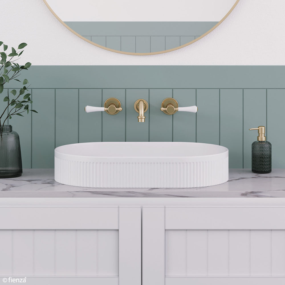Lillian Lever Basin Set, Urban Brass with Ceramic White Handle