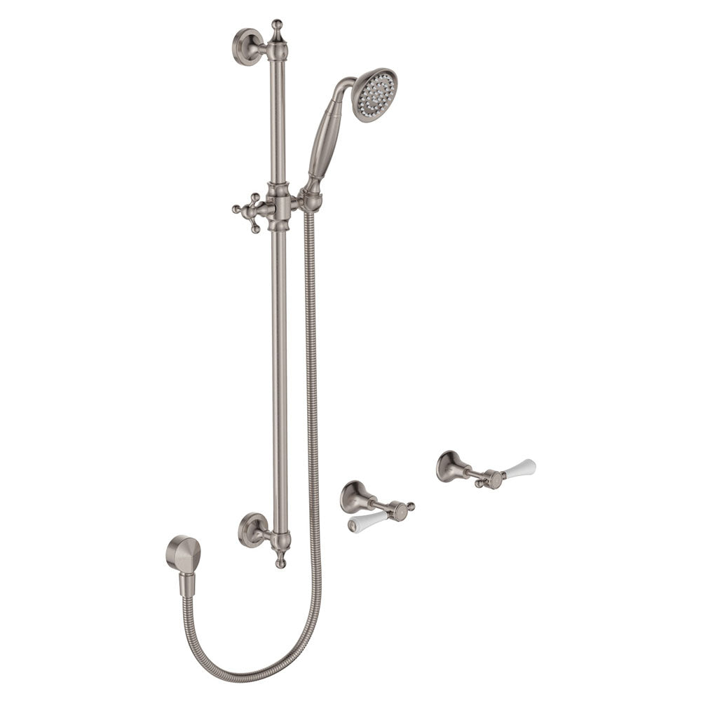 Lillian Lever Rail Shower Set, Brushed Nickel with Ceramic White Handle