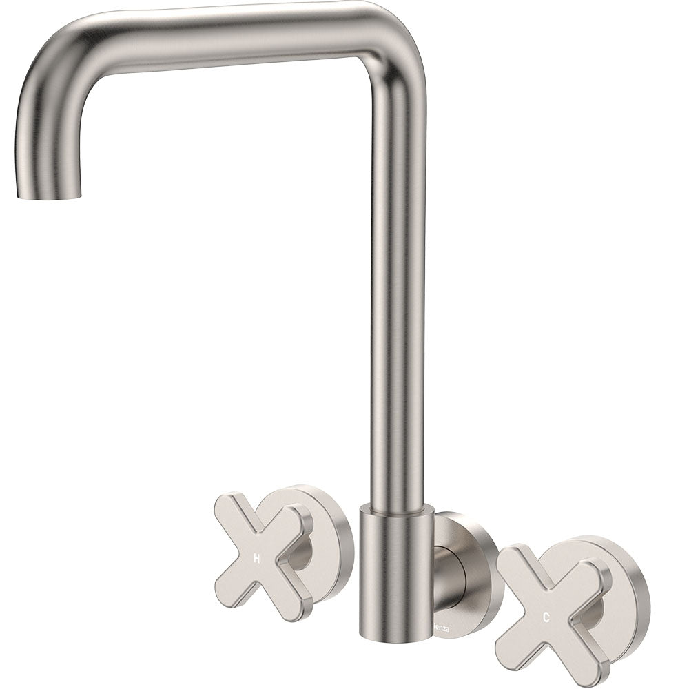 Kaya Squareline Wall Set, Cross Taps, Brushed Nickel
