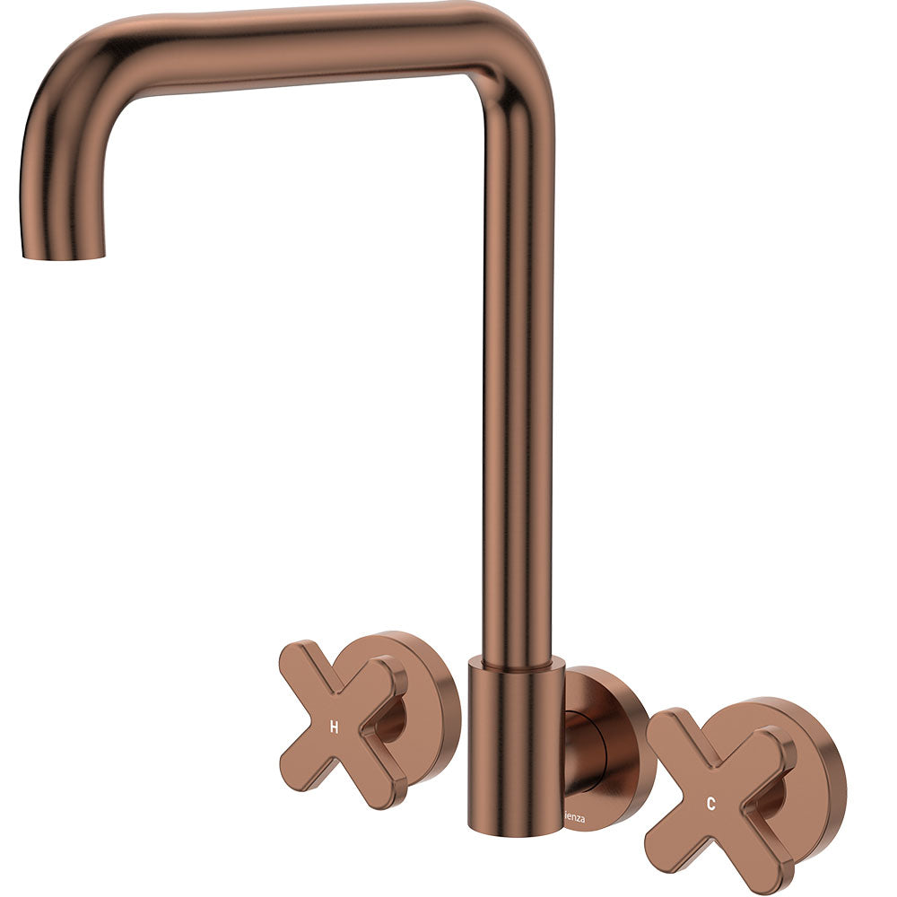 Kaya Squareline Wall Set, Cross Taps, Brushed Copper