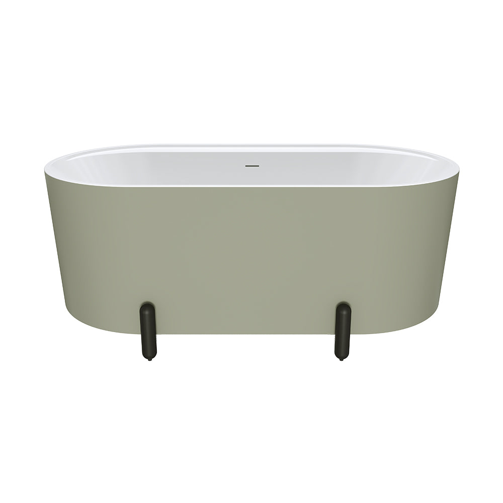 Aluca Freestanding Bath, 1500mm Matte Olive with Matte Black Legs with overflow