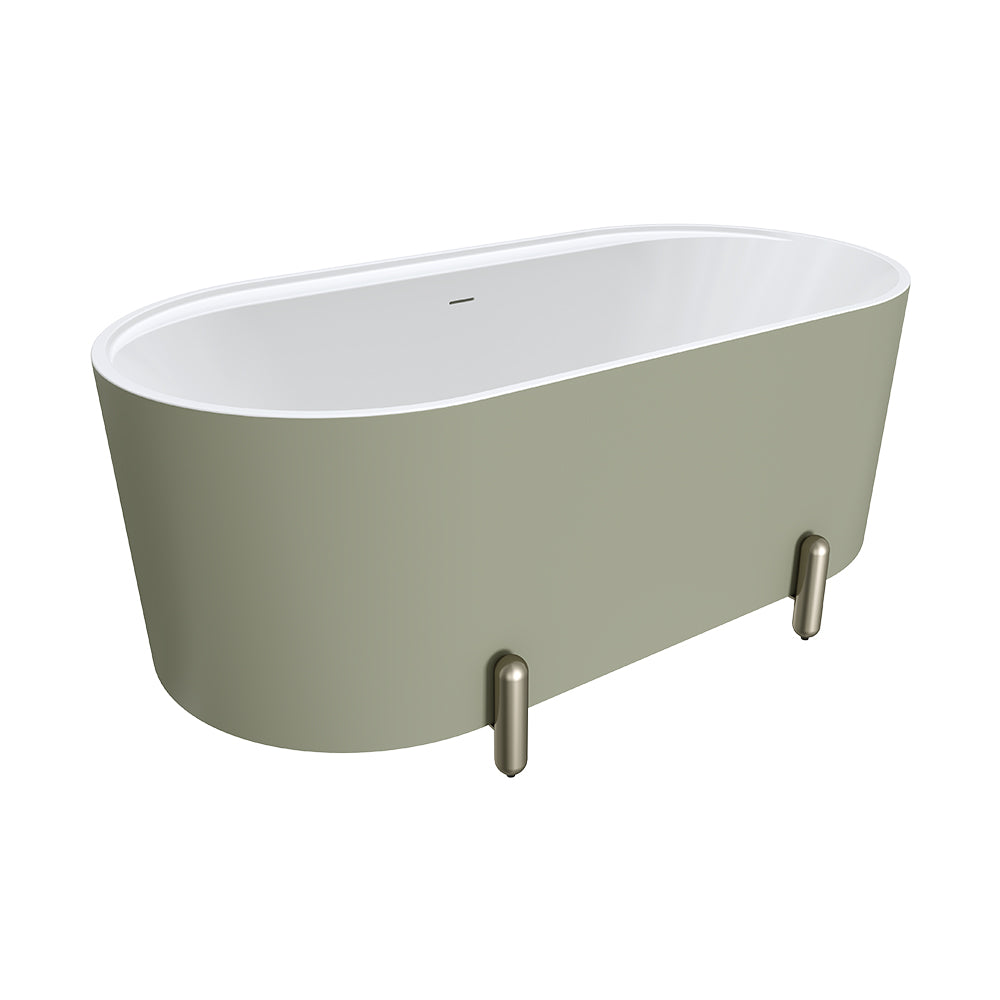 Aluca Freestanding Bath, 1500mm Matte Olive with Brushed Nickel Legs with overflow