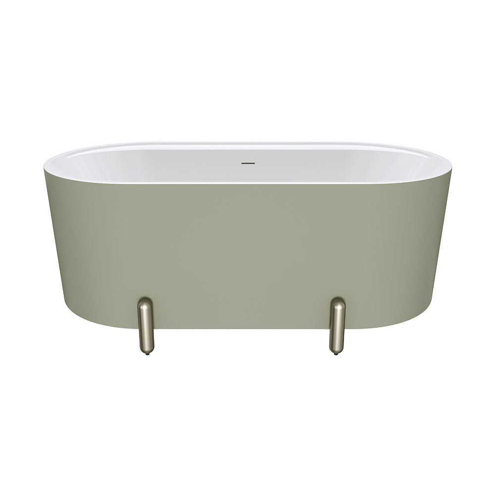 Aluca Freestanding Bath, 1500mm Matte Olive with Brushed Nickel Legs with overflow