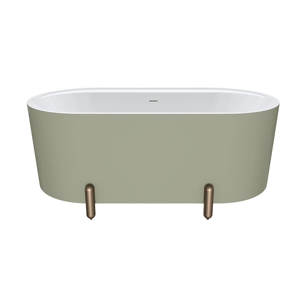 Aluca Freestanding Bath, 1500mm Matte Olive with Brushed Copper Legs with overflow
