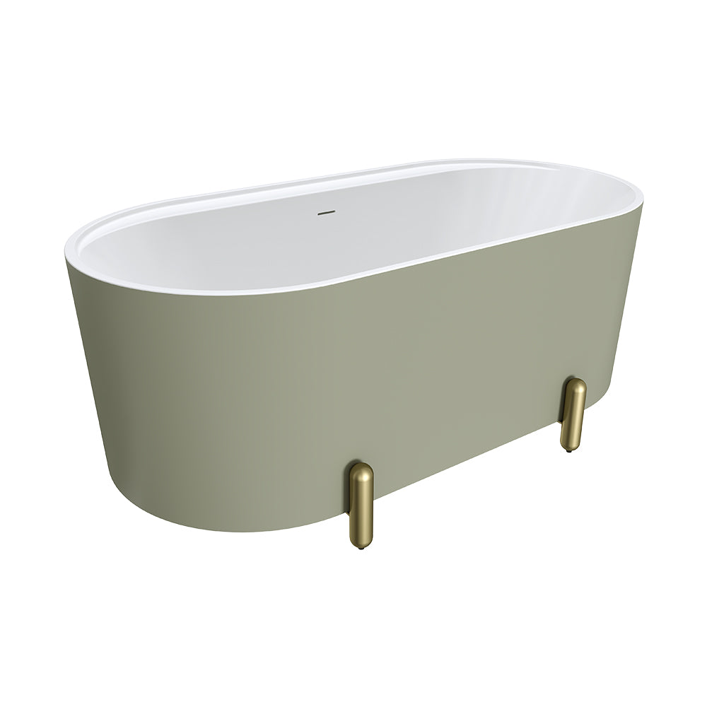 Aluca Freestanding Bath, 1500mm Matte Olive with Urban Brass Legs with overflow