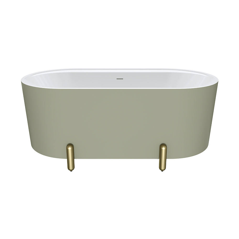 Aluca Freestanding Bath, 1500mm Matte Olive with Urban Brass Legs with overflow