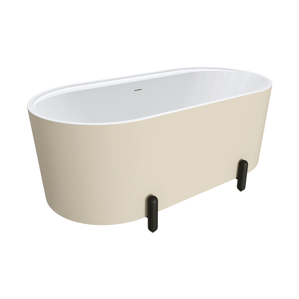 Aluca Freestanding Bath, 1500mm Matte Khaki with Matte Black Legs with overflow