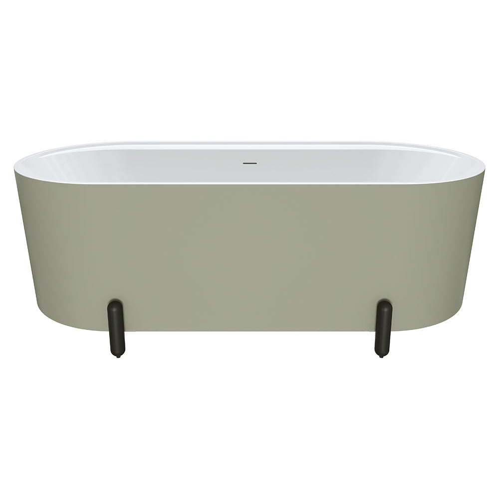 Aluca Freestanding Bath, 1700mm Matte Olive with Matte Black Legs with overflow