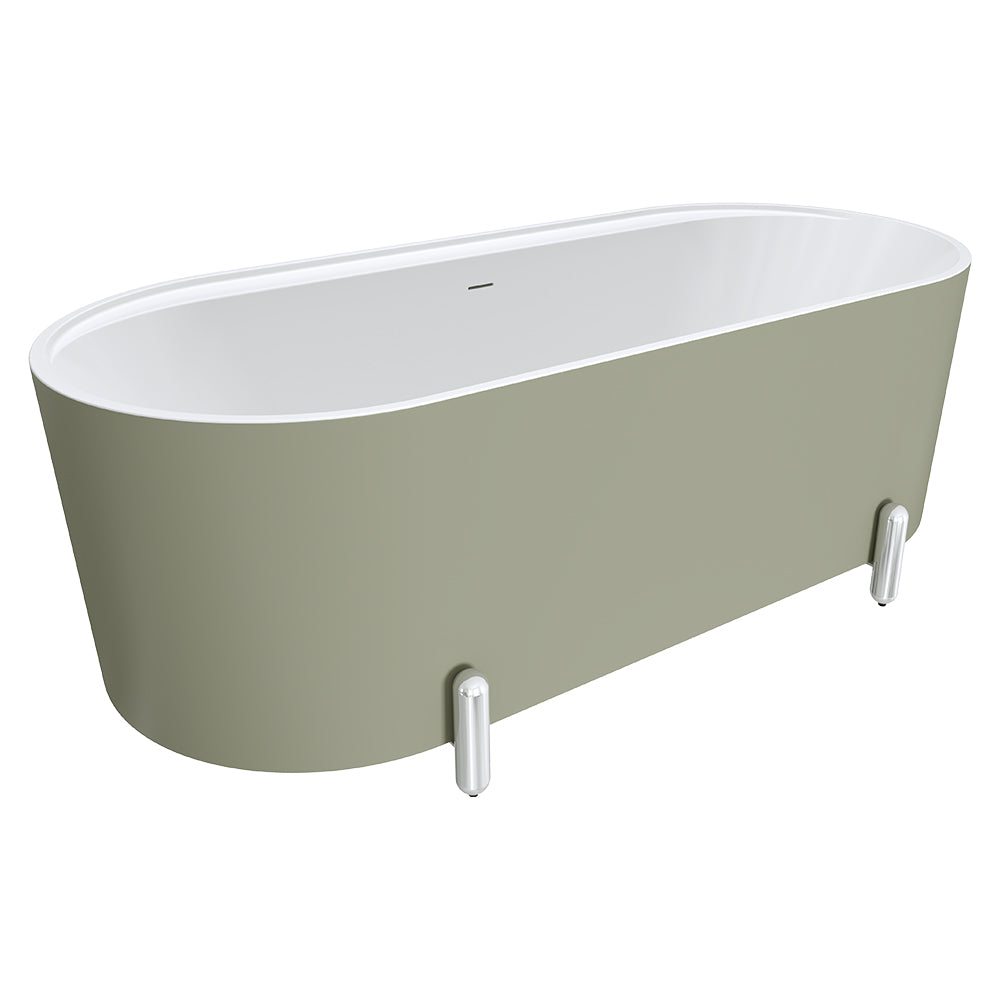 Aluca Freestanding Bath, 1700mm Matte Olive with Chrome Legs with overflow