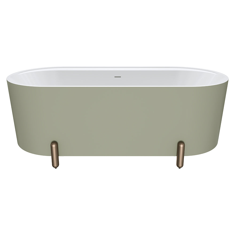 Aluca Freestanding Bath, 1700mm Matte Olive with Brushed Copper Legs with overflow
