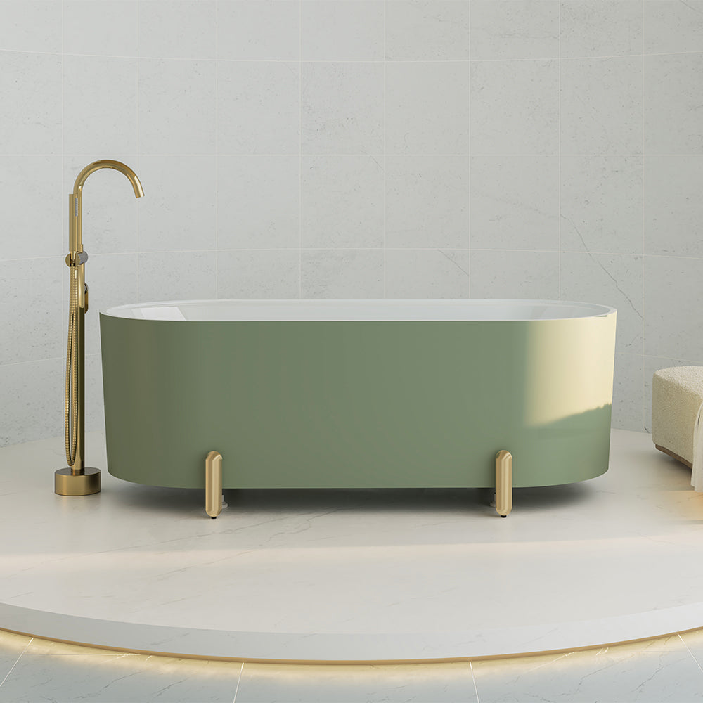 Aluca Freestanding Bath, 1700mm Matte Olive with Urban Brass Legs with overflow