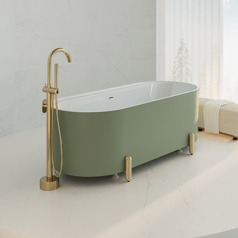 Aluca Freestanding Bath, 1700mm Matte Olive with Urban Brass Legs with overflow