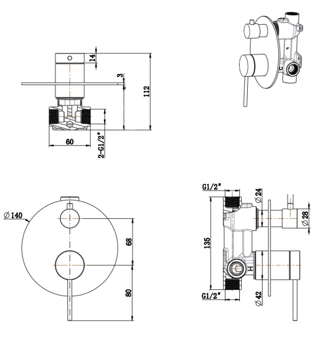 Mica Shower Mixer Diverter - 1P - TRIM KIT ONLY - image 3