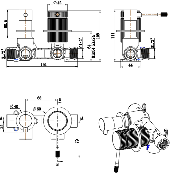 Mica Fluted Shower Mixer Diverter - Sideways - image 1