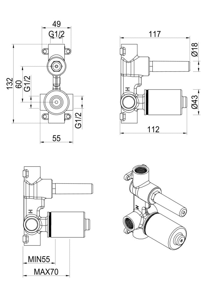 Tiago, Beki, Eleniko, Kaza - Shower Mixer Diverter - BODY ONLY - image 1