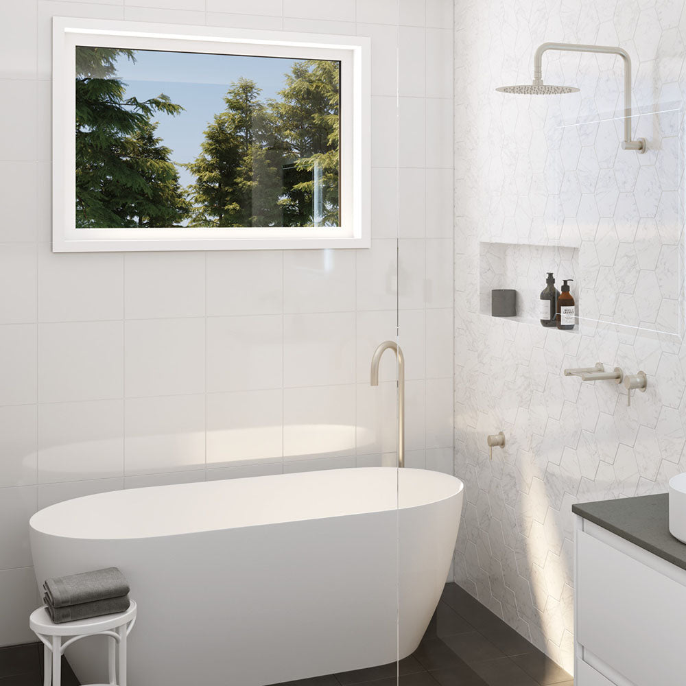 Kaya Gooseneck Floor Mounted Bath Outlet, Brushed Nickel