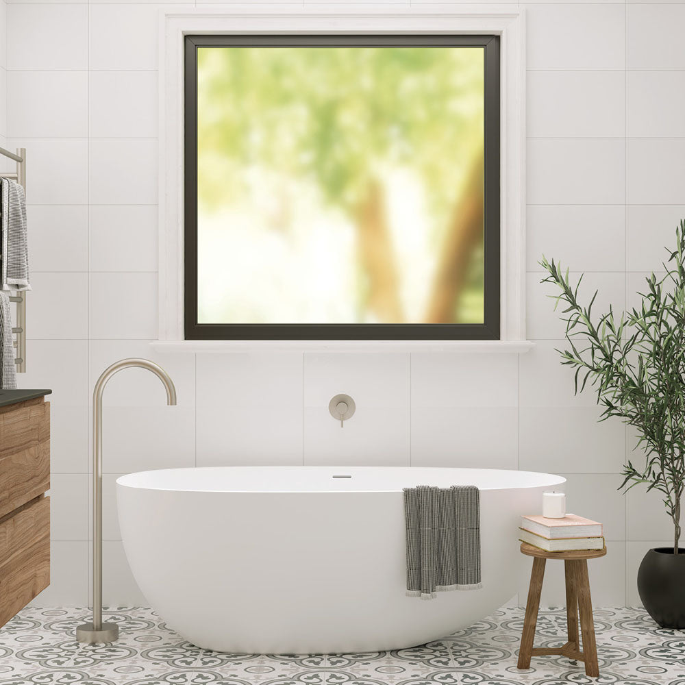 Kaya Gooseneck Floor Mounted Bath Outlet, Brushed Nickel