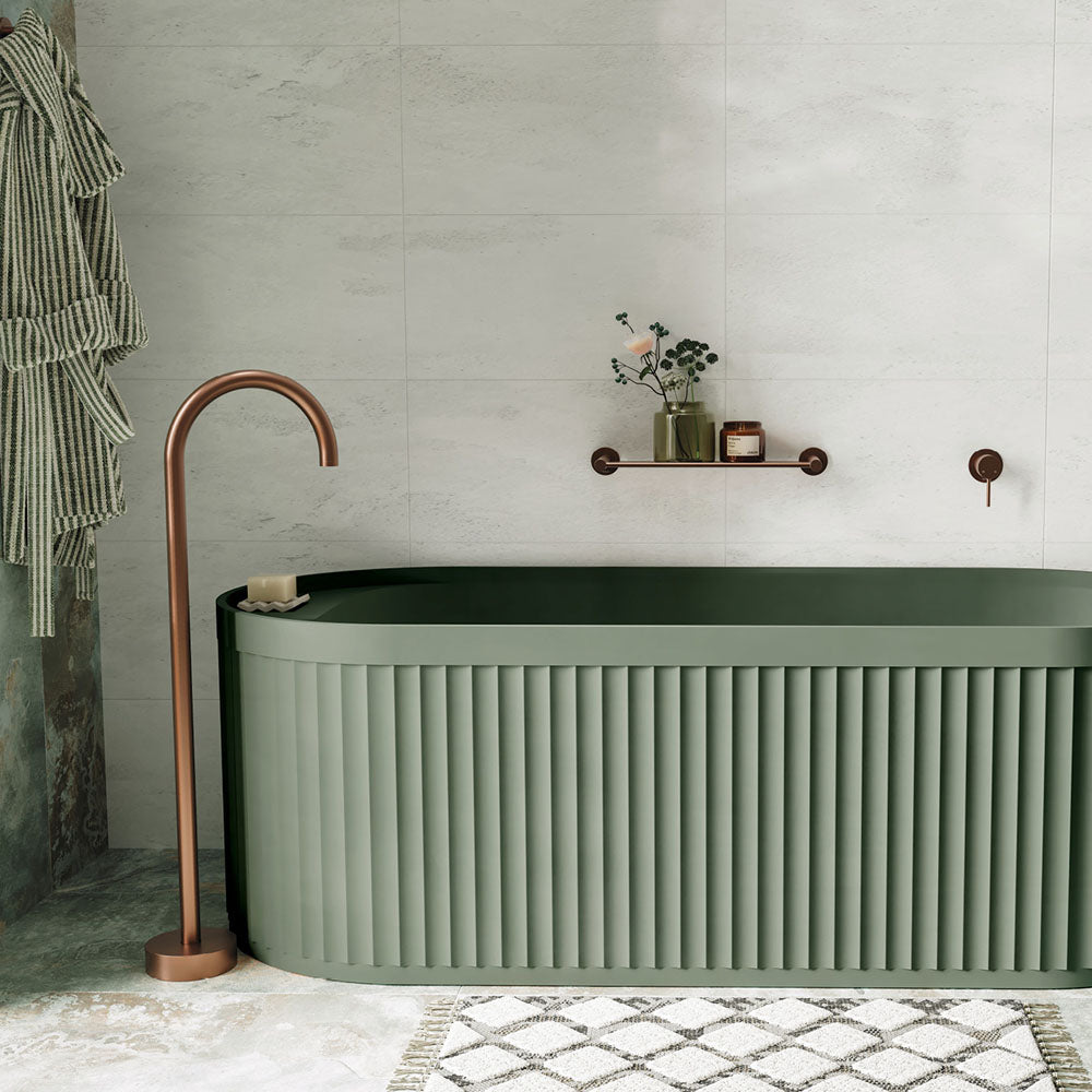 Kaya Gooseneck Floor Mounted Bath Outlet, Brushed Copper