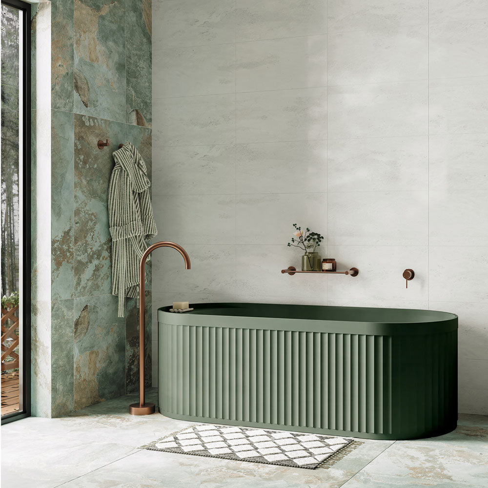 Kaya Gooseneck Floor Mounted Bath Outlet, Brushed Copper
