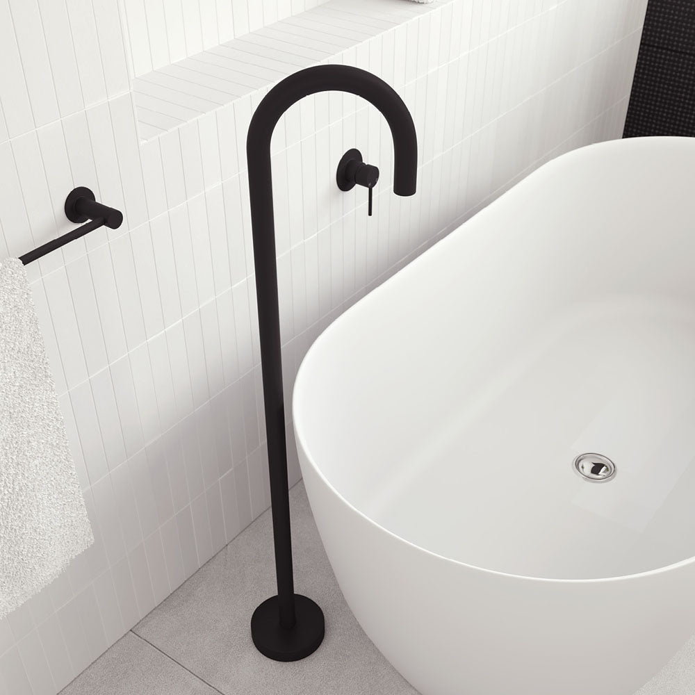 Kaya Gooseneck Floor Mounted Bath Outlet, Matte Black