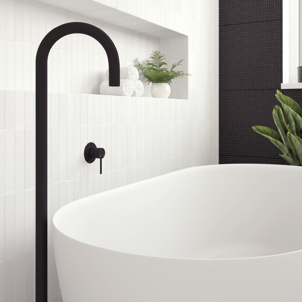 Kaya Gooseneck Floor Mounted Bath Outlet, Matte Black