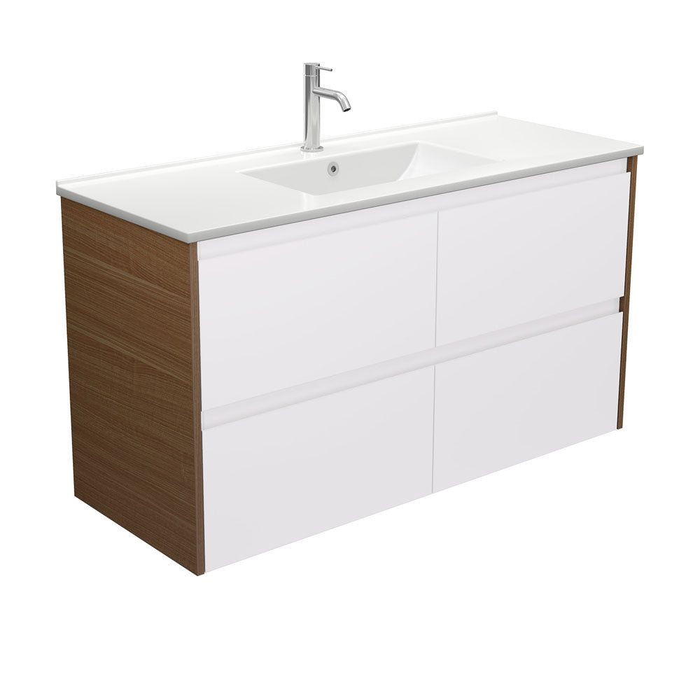 Dolce Amato 1200 Satin White Wall Hung Vanity, Walnut Panels