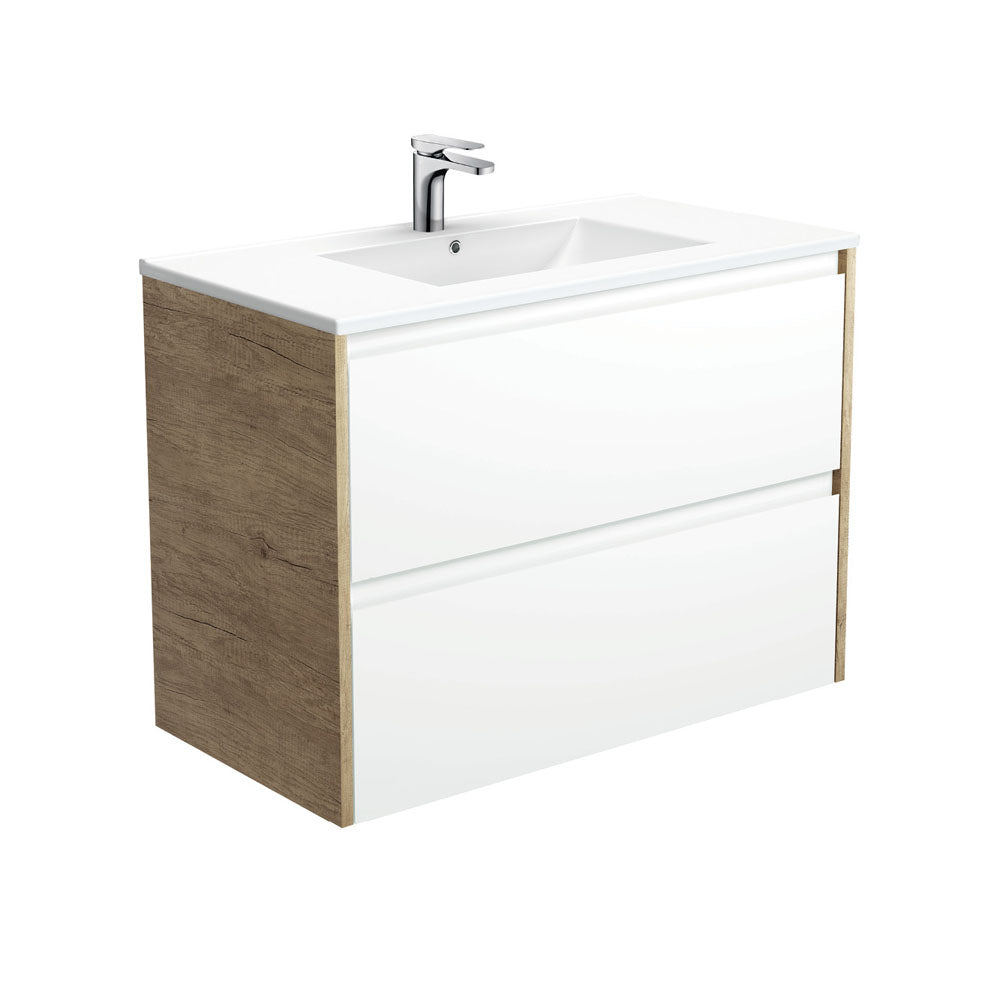 Dolce Amato 900 Satin White Wall-Hung Vanity, Scandi Oak Panels