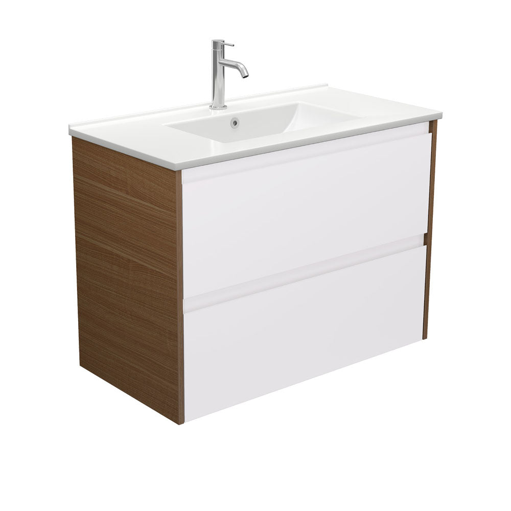 Dolce Amato 900 Satin White Wall Hung Vanity, Walnut Panels