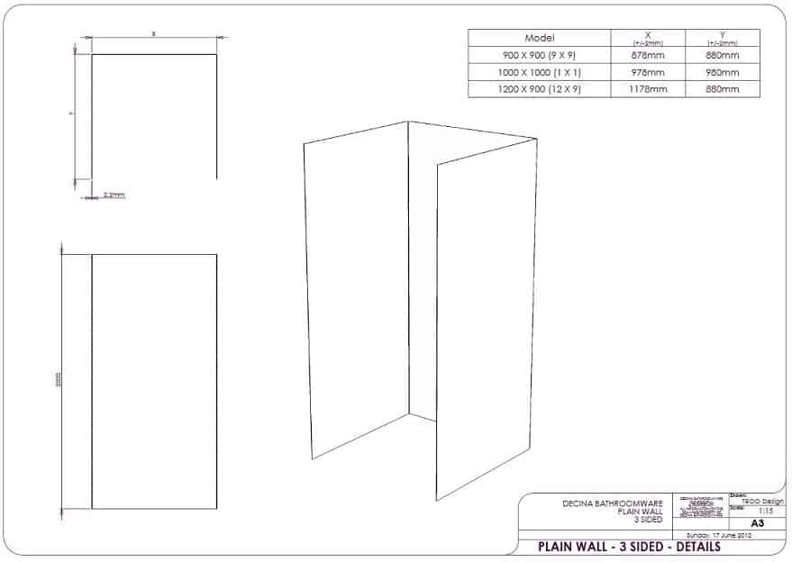 SHOWER WALLS - 3 sided 1178 x 878 x 878 x 2005