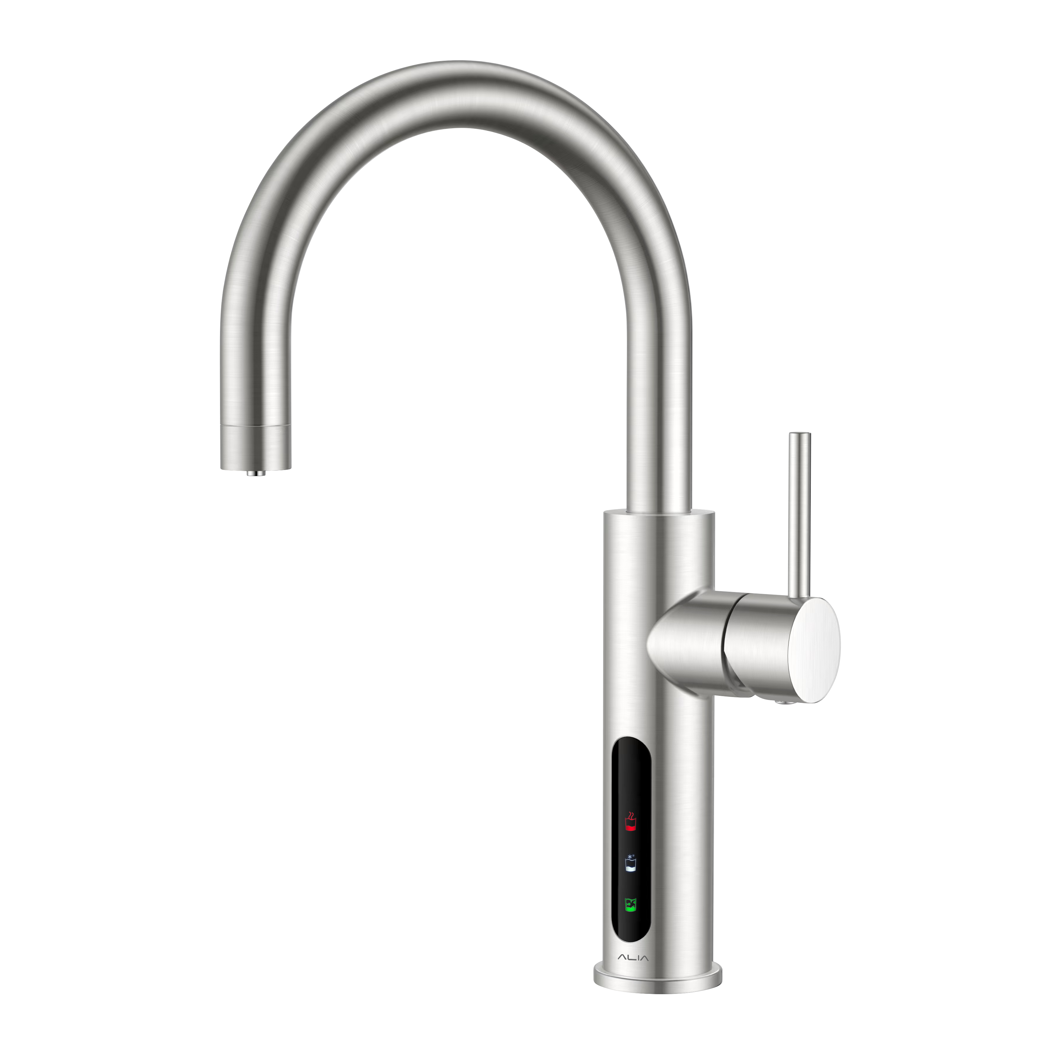 Alia X51 instant hot, cold, and sparkling filtered water tap in brushed nickel, presented on a transparent background, ideal for contemporary kitchen water filtration systems.