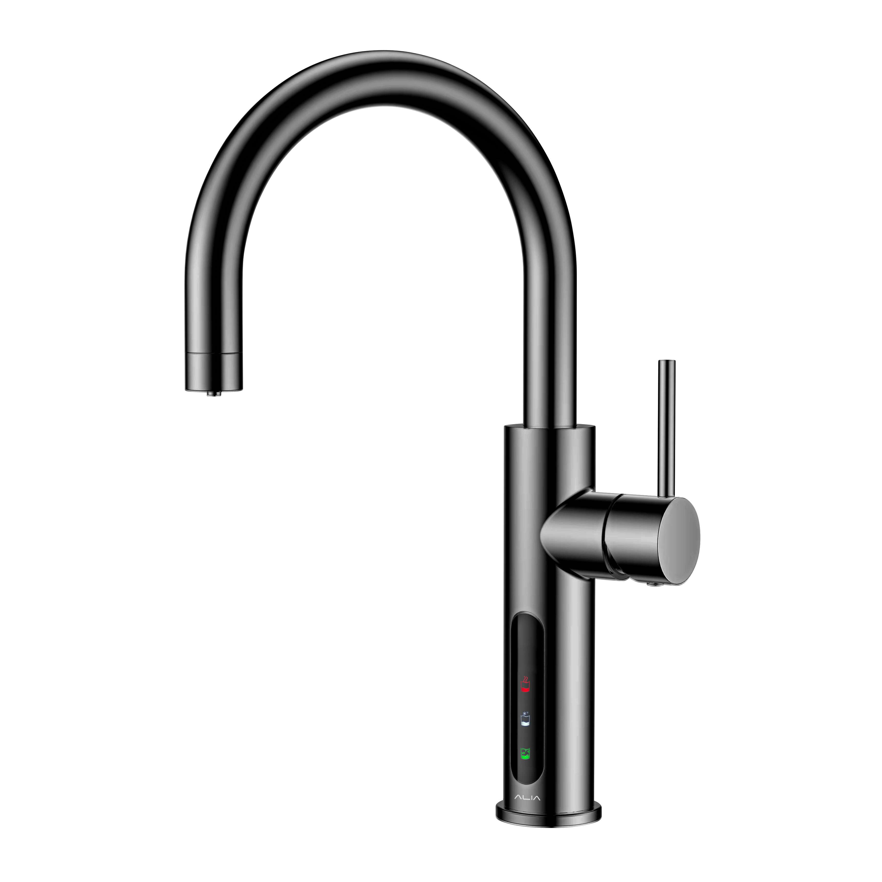 Alia X51 instant hot, cold, and sparkling filtered water tap in gunmetal grey on a transparent background, perfect for sophisticated kitchen water filtration demands.