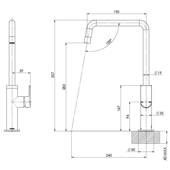 115 7300 Mekko Sink Mixer 190mm Squareline Line Drawing